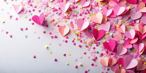 Colorful pink paper hearts scattered on a white background with confetti overlay, creating a festive and celebratory atmosphere , party, paper hearts