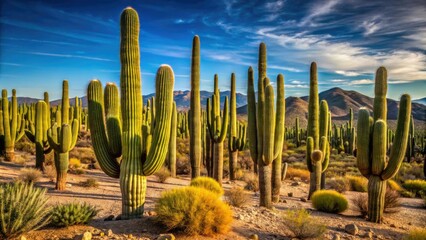 Desert landscape with a cluster of tall cacti in the background, open, vast