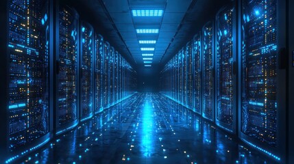 Futuristic Data Center Corridor with Illuminated Server Racks