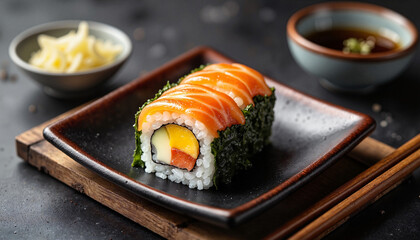 Tamago sushi presentation on minimalist platter, culinary artistry