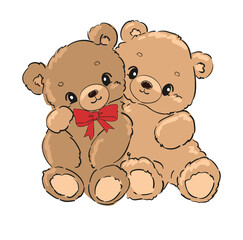 Hand DrawnTwo Cute Retro Teddy Bears Vector Illustration Kids Print