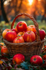 A basket full of red apples on the ground. The basket is made of wicker and is filled with apples. The apples are shiny and red, and they are scattered around the basket.