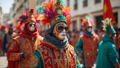 Fototapeta premium Colorful parade participants in traditional costumes and masks. Concept of celebration, culture, and tradition.