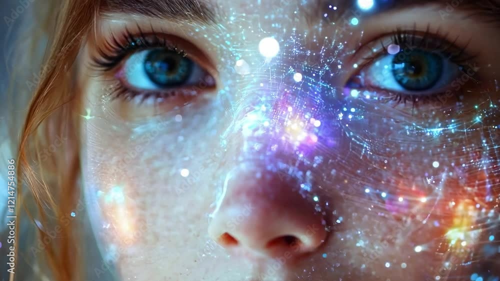 Poster a young woman gazes intently as colorful digital projections illuminate her face against a dark back