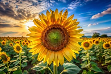 Fototapeta premium Vibrant Sunflower Panoramic: Detailed Petals, Summer Nature Beauty, High-Resolution Stock Photo