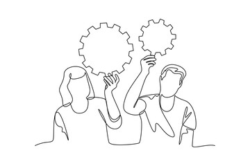 two people holding technology gear in a continuous line style