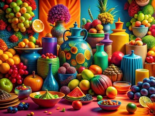 Fototapeta premium Vibrant Surreal Still Life: Colorful Objects in a Hyper-Real Scene