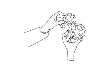 two hands unite the technological gear in a continuous line style
