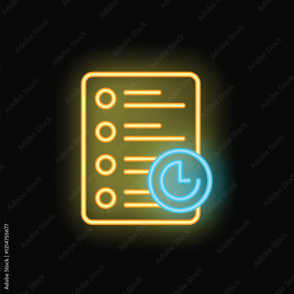 Poster neon icon of a checklist with a clock, representing the concept of time management and task prioriti