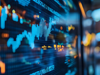 A blurred background with a blue finance graph and investment bar, showcasing growth and success in the market with technology currency reports chart. Business stock world economy AI computer