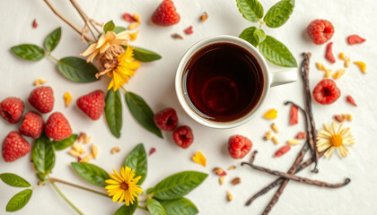 Fresh herbal tea surrounded by vibrant raspberries, mint leaves, vanilla pods, and flowers. A visual representation of natural ingredients and herbal wellness.


