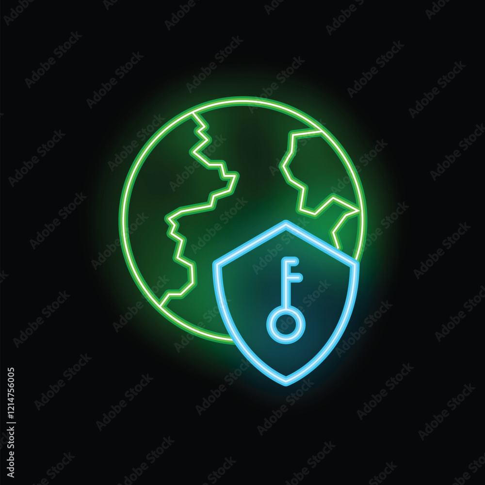Poster neon icon of a shield protecting the earth with a keyhole, representing global cybersecurity and dat