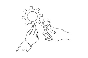 One single line drawing group of hands unite technological gear with a continuous line style. Teamwork people trust assistance. Technology gear collaboration solution. Continuous line draw design vect