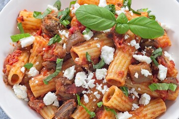 Rigatoni alla Norma pasta with eggplant and tomato, basil and ricotta salata, horizontal closeup