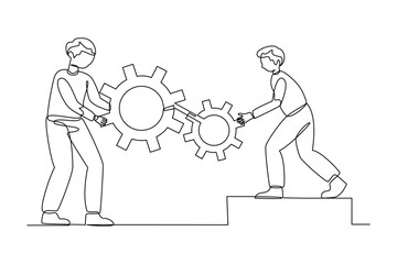 One single line drawing group of The team arranged technology gear in a continuous line style. Teamwork people trust assistance. Technology gear collaboration solution. Continuous line draw design vec
