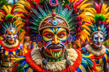 Obraz premium Vibrant Tribal Festival Mask: Colorful Feathered Headpiece, Cultural Celebration