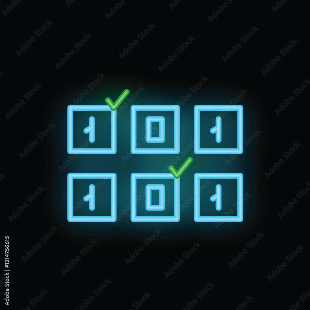 Poster green check marks are hovering over a series of ones and zeros in blue neon light against a black ba