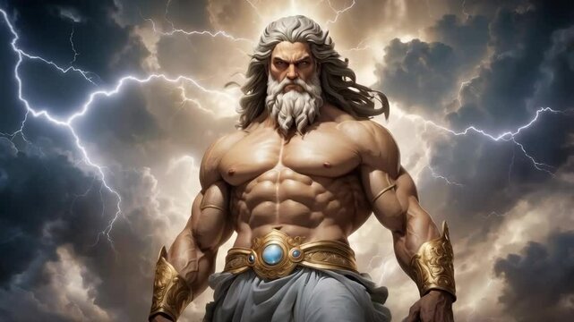 Zeus, the almighty ancient Greek king god of Olympus and god of thunder, surrounded by storm clouds and lightnings