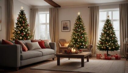 Cozy living room with Christmas tree and ornaments, festive lights, rustic wooden furniture, wintery atmosphere