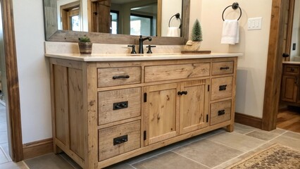 A handcrafted wooden vanity with a distressed finish offers ample storage featuring unique hardware that echoes the rustic theme. The large mirror above reflects the charming