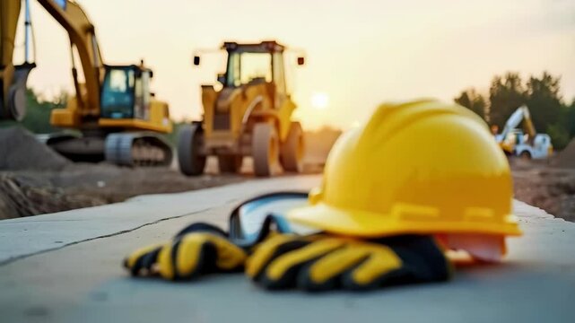 Construction safety equipment placed on a concrete surface - a bright yellow hard hat, reflective safety goggles and a pair of black and yellow work gloves