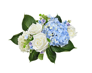Blue hydrangea, white rose flowers in a floral arrangement isolated on white or transparent...