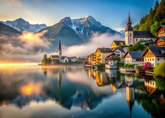 Fototapeta premium Austrian Alpine Lake Town Sunrise: Long Exposure Photography of Charming Village Nestled in Majestic Mountains