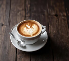 Fototapeta premium Coffee cup with rosetta latte art against dark wooden background, contrast, morning, cafe
