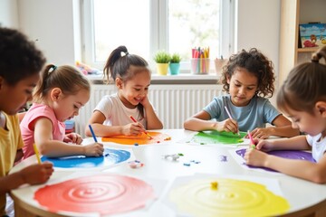 Five kids are sitting at a round table, painting with bright colors on paper. A window lets in natural light, and art supplies are neatly arranged nearby