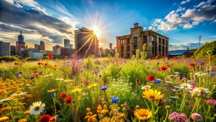 Fototapeta premium Vibrant Wildflowers Bloom in Sunny Meadow, Bright Blue Sky - Urban Exploration Photography