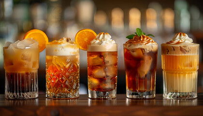 A row of six drinks on a table, including a variety of coffee and tea. The drinks are served in different types of glasses, with some having ice and others without