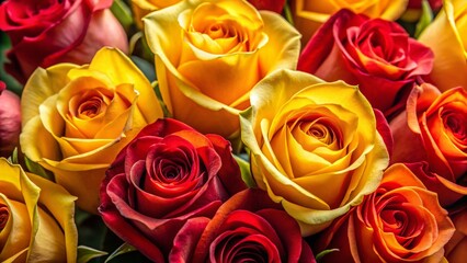 Naklejka premium Vibrant Yellow and Red Rose Bouquet - Lush Flowers in Full Bloom, Copy Space