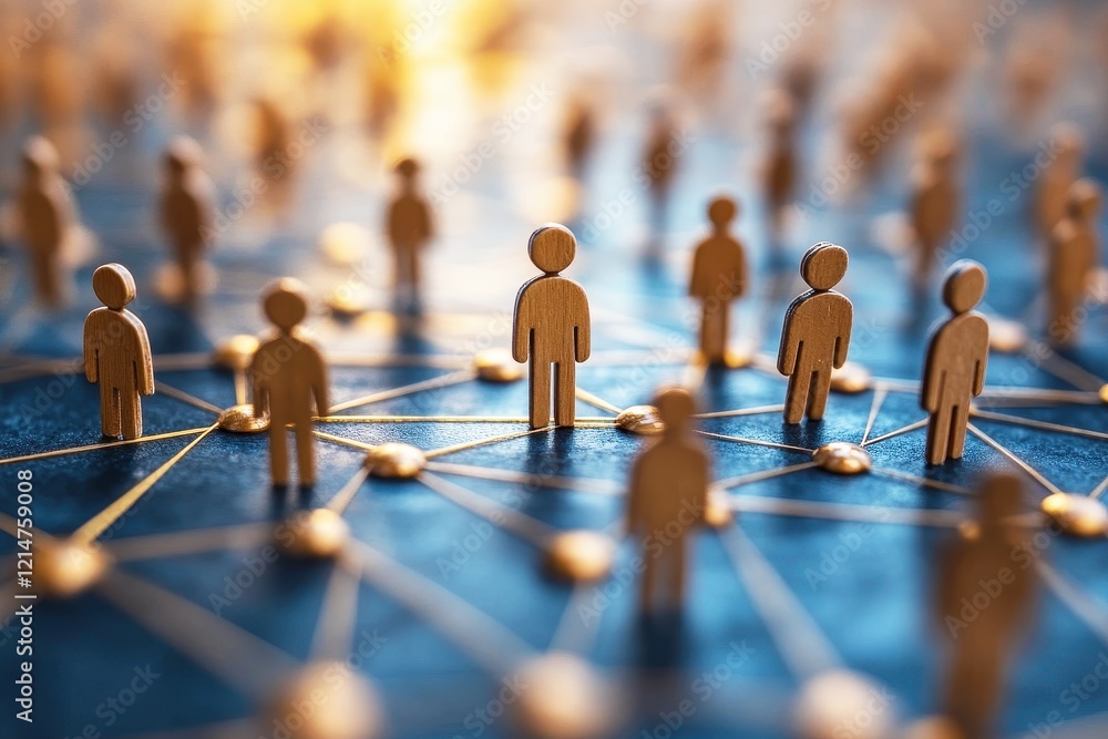 Poster global network: wooden figurines interconnected by golden lines symbolize a global network, represen