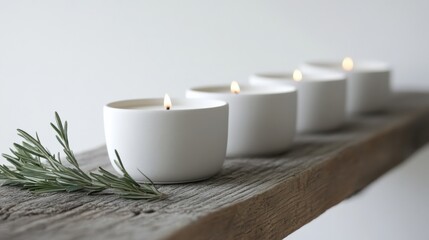 Four white candles on rustic wooden shelf with sprig of rosemary