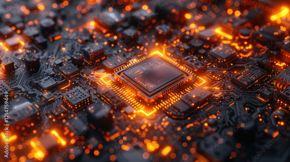 Poster intensely glowing computer processor chip close-up, highlighting complex circuitry and technological