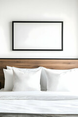 Modern Minimalist Bedroom Interior Design with Blank Frame Above Bed