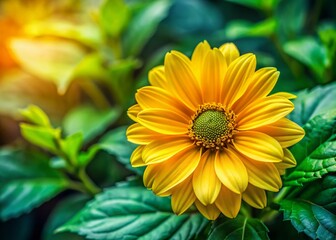 Obraz premium Vibrant Yellow Flower with Lush Green Leaves - Copy Space Left