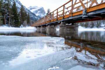 A tranquil winter scene featuring a partially frozen river with ice formations and a wooden bridge, surrounded by snowy mountains and evergreen trees, evoking peace.