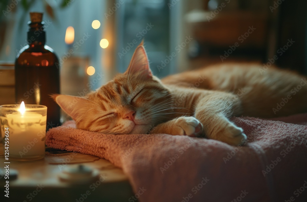 Poster Cozy Ginger Cat Napping Peacefully on Soft Towel Surrounded by Warm Candlelight Creating a Serene and Tranquil Atmosphere in a Beautiful Home Setting