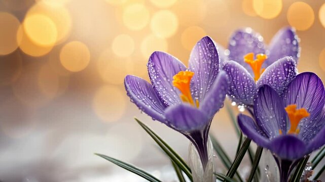 Fresh wild purple crocus blooming in spring garden. Saffron flowers in field. Begining of springtime on sunny day. Natural floral blooming meadows composition. Floral background.