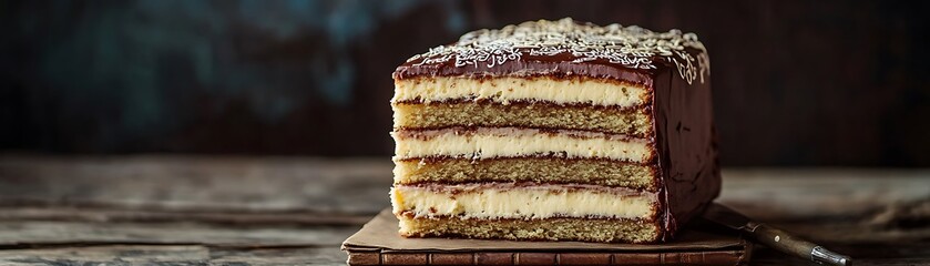 A Sliced Chocolate Cake with Vanilla Filling and Sprinkles