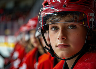 A young boy wearing a red helmet is looking at the camera. He is wearing a red jersey and is surrounded by other people wearing red jerseys