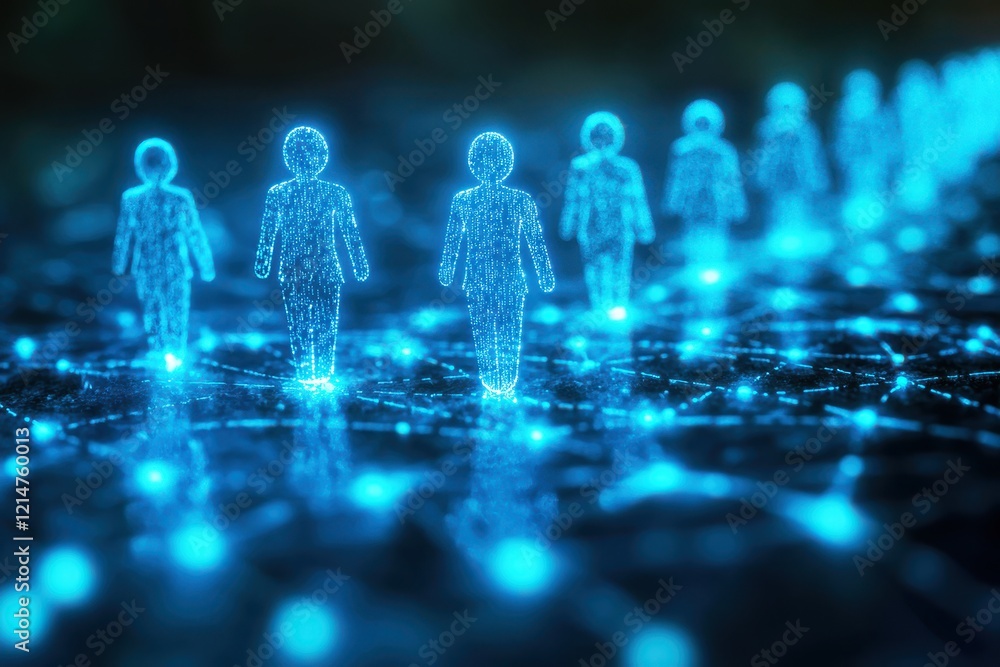 Poster digital connections: abstract figures representing people walk on a network of glowing blue lines, s