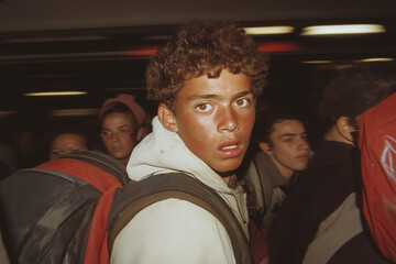 Young man with curly hair looking surprised in a crowd of people