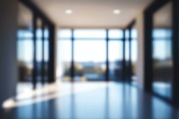 Blurred Modern Office Corridor with Large Windows