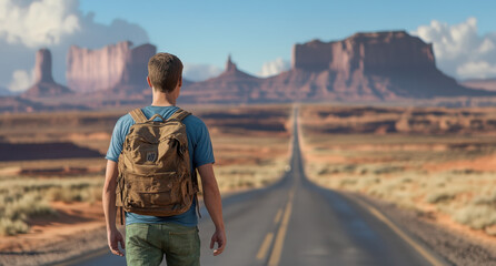 A man with a backpack gazes at the breathtaking view of Monument Valley. The road stretches ahead, framed by stunning rock formations under a blue sky.