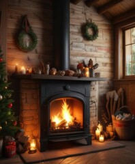 Fire crackles in woodstove of beautifully decorated Christmas cottage, snowflakes, warm glow, fireplace
