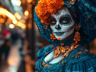 Celebration of Life Depicted Through Vibrant Calavera Makeup Adorned With Marigold Flowers During a Cultural Event Focusing on Tradition and Remembrance
