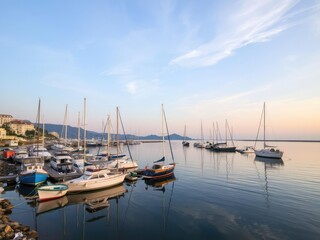 Fototapeta premium Ferragudo harbor at dawn with fishing boats and yachts, architecture, ocean, bridge
