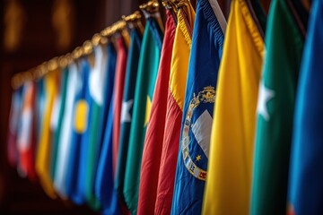 International Flags Hanging in a Row, Representing Global Unity and Cooperation